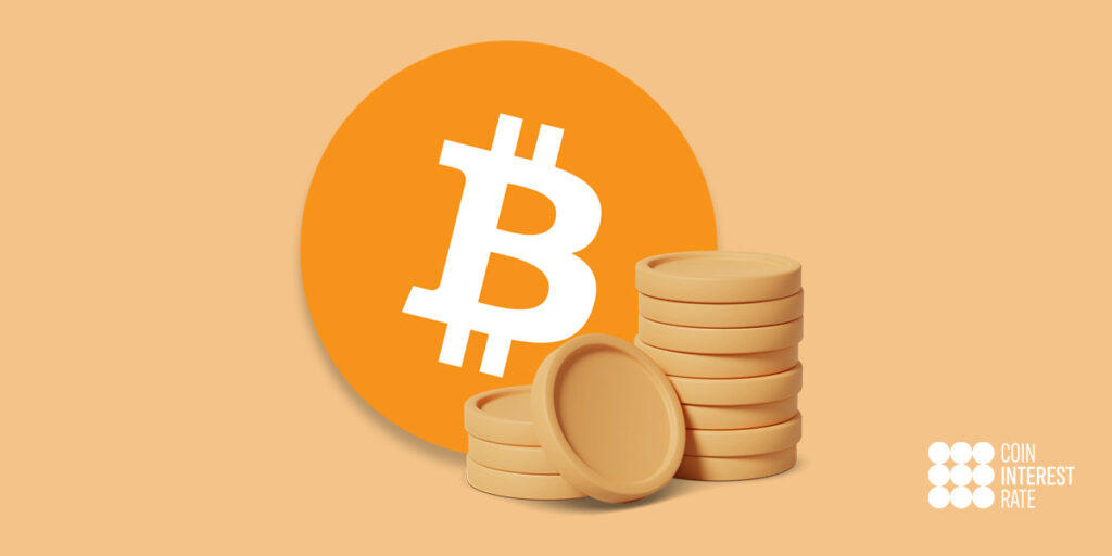 Bitcoin Interest Rates, with large Bitcoin icon and stack of coins.
